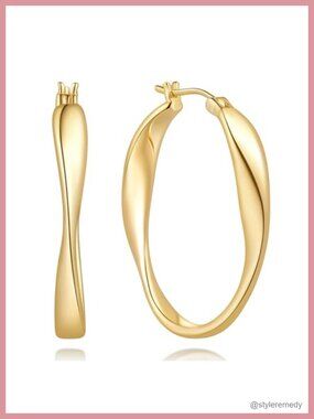 14K Gold Plated Twisted Hoop Earrings Hinged Hoop 30mm